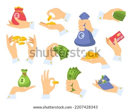 Hand holding money, set of elements. Cartoon arms grabbing paper cash, coins, bag with money, credit card, wallet. Wealth and salary concept. Flat vector illustration