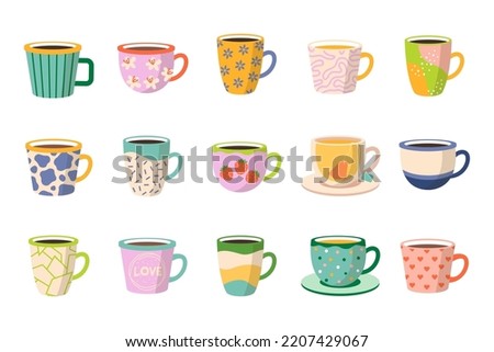 Collection of different cups decorated with design elements. Set of colored mugs filling by beverages isolated. Cute trendy handmade crockery with handle for drink. Cartoon flat vector illustration