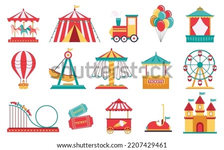 Amusement park set of elements with ferris wheel, carousel, circle tent, castle, air balloon, ticket and ice cream booth. Carnival in family park concept. Cartoon flat vector illustration