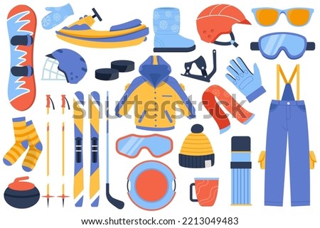 Winter sports flat icons set. Different equipment for skiing. Skis, goggles, ski suit, helmet, snowmobiling, socks and snowboard. Warm clothes for vacation. Isolated illustrations