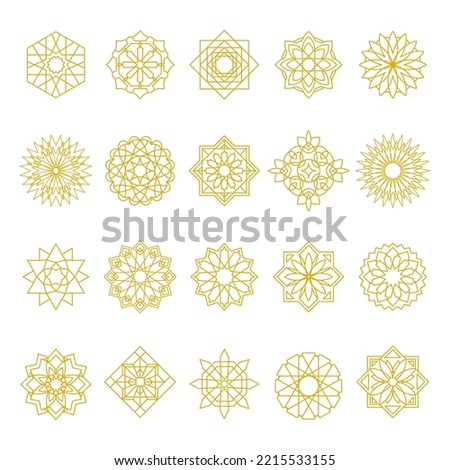 Abstract oriental muslim arabic golden framed emblems. Traditional ornamental arabic luxury frames set. Oriental style gold outline rosettes. Muslim ornament abstract. Vector illustration