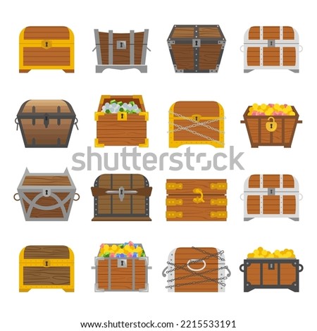 Treasure chests set open, closed with chain and lock, full of gold. Cartoon fantasy pirate wooden boxes with golden coins, jewelry gems, ancient medieval treasury collection. Vector illustration