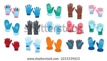 Warm winter gloves and mittens set. Cute colorful woolen or knitted gloves for cold frosty weather isolated on white background. Cartoon flat vector illustration