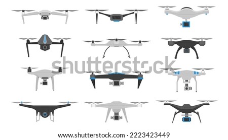 Realistic drones, flying quadcopter with remote controllers. Remote control, unmanned aerial drones set. Electronic quadcopters and robot helicopter. Vector illustration