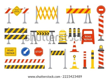 Road repair barriers set. Safety barricade warning at stops and streets symbol safe reconstruction striped coloring of main planned works notification no passage signal. Vector illustration