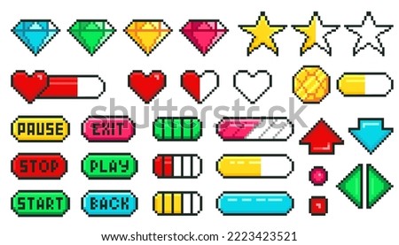 Pixel game menu buttons. Game 8 bit ui controller arrows, level and live bars, menu, stop, play buttons set. Gaming interface gui graphic elements. Vector illustration