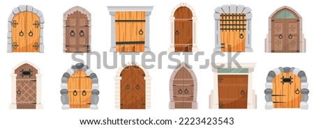 Castle medieval doors. Cartoon ancient fortress wooden gates, medieval kingdom castles set. Medieval tower arch doors. Stone arch with metal hinges for entry. Vector illustration