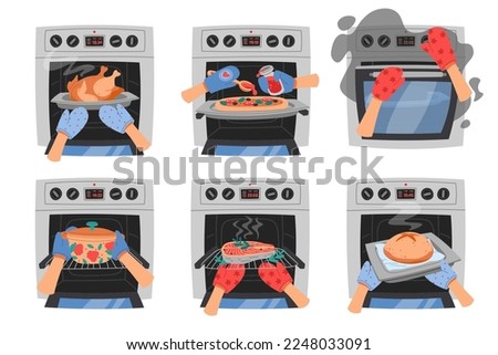 Hands in kitchen gloves and oven flat icons set. Cooking salmon, pizza, bread and other. Confectionery utensils for food preparation. Color isolated illustrations
