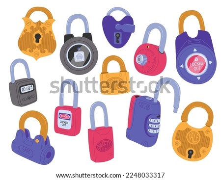Locks flat icons set. Stainless steel combination lock. Indoor and outdoor padlocks for doors. House protection. Color isolated illustrations
