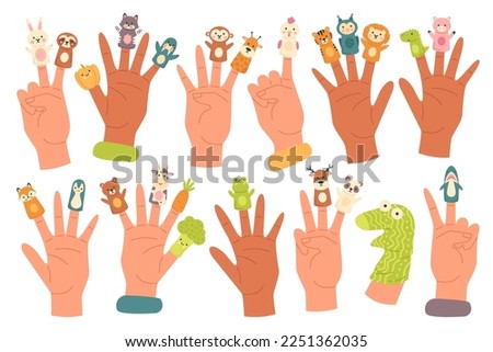 Puppets on fingers flat icons set. Cute tiger, owl, lion, shark and chicken toys controlled by fingers. Performance for kids by hands. Cartoon soft marionette. Color isolated illustrations