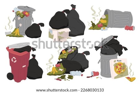 Garbage bags and trash cans flat icons set. Rubbish recycling. Paper, steel bottle plastic and glass waste litters sorting. Full of trash on metal box. Color isolated illustrations