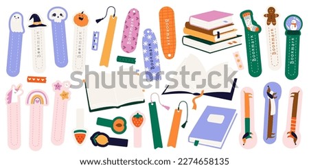 Bookmarks flat icons set. Strip of leather, cardboard, or other material for mark place in book. Fluffy tassel, bookmark with christmas and halloween design. Color isolated illustrations