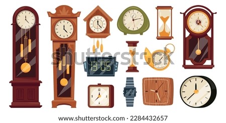 Watch flat icons set. Old retro wall clocks, pendulum watch and sand table clocks. Fashion wristwatch with electric clock face. Gold pocket watch. Color isolated illustrations