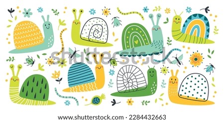 Childish cartoon flowers, beetles and snails flat icons set. Cute colorful hand drawn decorative spring elements. Warm, bugs, and fly. Color isolated illustrations