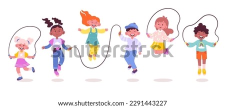 Happy children jump rope flat icons set. Leisure time for boys and girls. Sport and activity. Jumping through cord. Color isolated illustrations