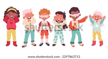 Children play hide and seek flat illustrations. Funny kids playing games. Close eyes and counting. Players hide. Color design elements