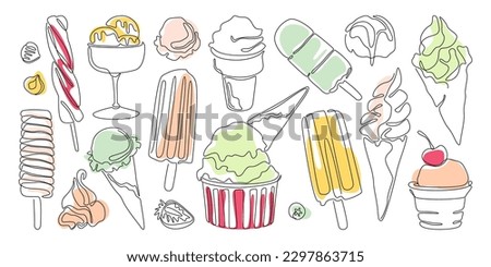 Ice cream in line art illustrations. Tasty creamy desserts, fruit sorbet and vanilla and strawberry cones with balls. Glazed ice cream on wooden stick. Design elements