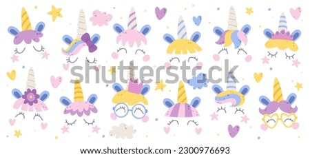 Cute unicorn faces flat illustrations set. Vector illustration