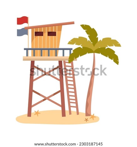 Wooden lifeguard station on coast. Vector illustration