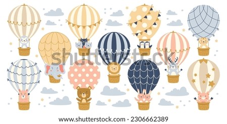 Cute animals in balloons flat illustrations set. Funny tiger, elephant, bear, lion, deer, lama and cat inside flying ball. Festival decorative hot air balloon. Design elements