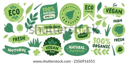 Organic fresh healthy food labels, bio eco friendly natural meal logo, vegan products badge isolated set decorated with green plant leaves vector illustration. Local farm market emblem for package