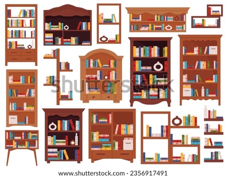 Wooden bookcases, cabinets, shelves furniture with literature books collection and other items for bookstore, school classroom and home or public library room interior design vector illustration