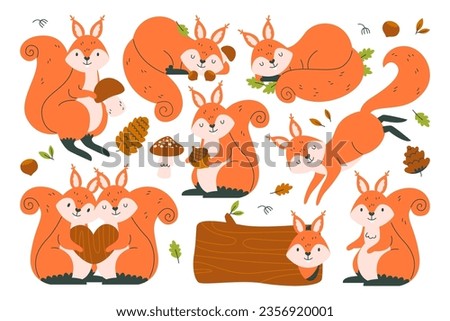 Nimble squirrel cartoon cute wild animal character harvesting, jumping, playing or sleeping, hiding in log hole loving rodent couple hugging vector illustration isolated set on white background