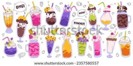 Sweet milkshakes cocktails fresh summer smoothie beverage, lemonade, milkshake and fruit juice in plastic and glass cup set. Cold refreshment dessert with whipped cream and candy vector illustration