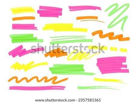 Set of colorful hand drawn marker highlighter stripe, line, stroke, wavy scribble, zigzag, underline element vector illustration. Handwritten sketchy permanent pattern, pencil curve collection