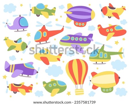 Cute childish flying air transport set. Funny airplane, airship, zeppelin, air-hot balloon, helicopter, passenger airliner vector illustration. Aircraft vehicle for travel trip journey, transportation