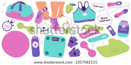 Cartoon sport equipment, fitness workout equipment, training exercise supple for female set. Vector illustration of athlete gym accessories, athletic inventory, sportswear and food supplement