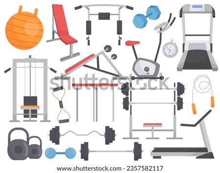 Professional gym interior set. Training apparatus and equipment, weights for workout exercise, running track for cardio, weightlifting bench, sportive device, skipping rope vector illustration