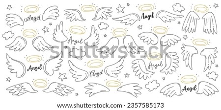 Flying angel wing and halo nimbus creative linear drawing with inscription isolated set on white background. Cute stylized emblem symbol vector illustration. Freedom, heaven and peace concept