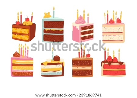Slices of birthday cakes with burning candles, sweet piece of festive pastry with cherry, strawberry, chocolate icing and whipped cream isolated set on white background. Homemade dessert gourmet