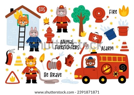 Cute animal firefighters isolated set with funny inscription alarm, fire, be brave and rescue equipment firetruck, hose, hydrant, first aid kit, bucket, cones, burning fox house vector illustration