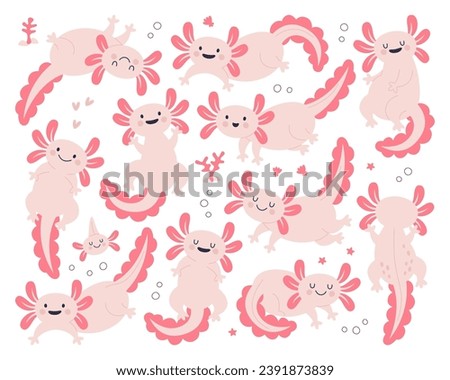 Cute axolotl characters with happy smiling emotion on face isolated set vector illustration. Funny amphibian animal with pretty face showing positive cheerful expression. Kawaii exotic mascot