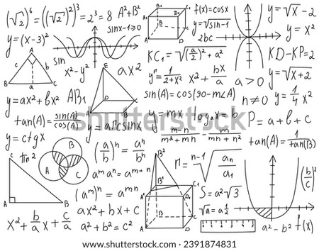 Sketch math symbols, equations and formulas and graphics hand written doodles vector illustration. Isolated set of mathematical science, algebra, trigonometry and geometry drawings, proof of theorems