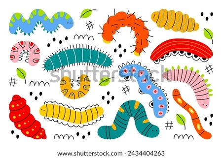 Funny colorful cartoon caterpillars insects, cute crawling bug characters isolated set on white background. Kawaii baby worm different silhouettes with various shapes and forms vector illustration