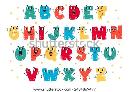 Funny kawaii uppercase letters alphabet creative typography design for children education vector illustration. Colorful funky abc font typeface with comic faces for nursery or kindergarten kids