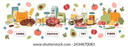 Natural organic healthy food groups containing fiber, fat, protein, crabs vector illustration. Main nutrition categories, diet rich with macronutrients and vitamin for healthcare and wellbeing