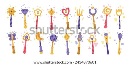 Magic wands wizard, fairy, magician or witch stick for spell, fantasy instrument miracle tool of fantastic characters vector illustration. Fairytale sorcerer trick instrument set isolated on white