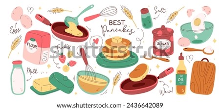 Homemade sweet delicious pancakes cooking recipe, cookware and natural ingredients set. Eggs, flour, milk, oil, sugar, butter, dough mixing with whisk, vector illustration. Food preparation process