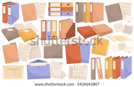 Office paper documents, archives and folders stack, pile for storage and management system isolated set vector illustration. Corporate documentation of business information organization concept