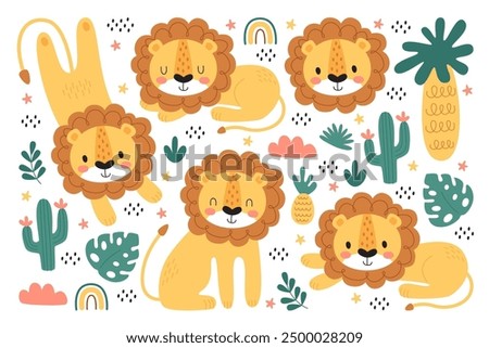 Cute childish baby lion cartoon character sitting, lying, sleeping, sunbathing set with jungle and African safari open air zoo natural pattern. Wild animal funny print design vector illustration