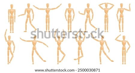 Wooden man artist mannequin puppet in different poses and action isolated set on white background. Wood human toy dummy figure standing, dancing, walking, moving and gesturing vector illustration