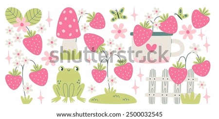 Strawberries with green leaves and flowers for tea brewing cartoon decorative fairy tale set. Cute frog and mug with aromatic beverage design. Teahouse and shop market drawing elements collection