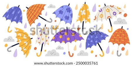 Cute cartoon umbrellas collection with different colorful pattern for rainy weather season. Parasol set accessory for walk under rain with geometric and floral creative design vector illustration