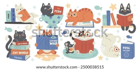 Funny cute cat kawaii pet animal cartoon character reading book, enjoying rest and study process. Clever kitten at bookstore, home library upgrading knowledge, having leisure time vector illustration