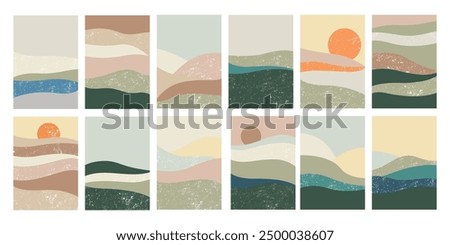 Abstract art landscape nature background set with grunge topography texture of wavy water surface, river line and sun. Sea ocean horizon natural scene retro vintage template vector illustration