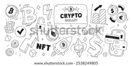 Bitcoin crypto currency mining, trading and investment, blockchain technology, money earning, multiplication and exchange, growing charts and graphs black-and-white doodle set vector illustration